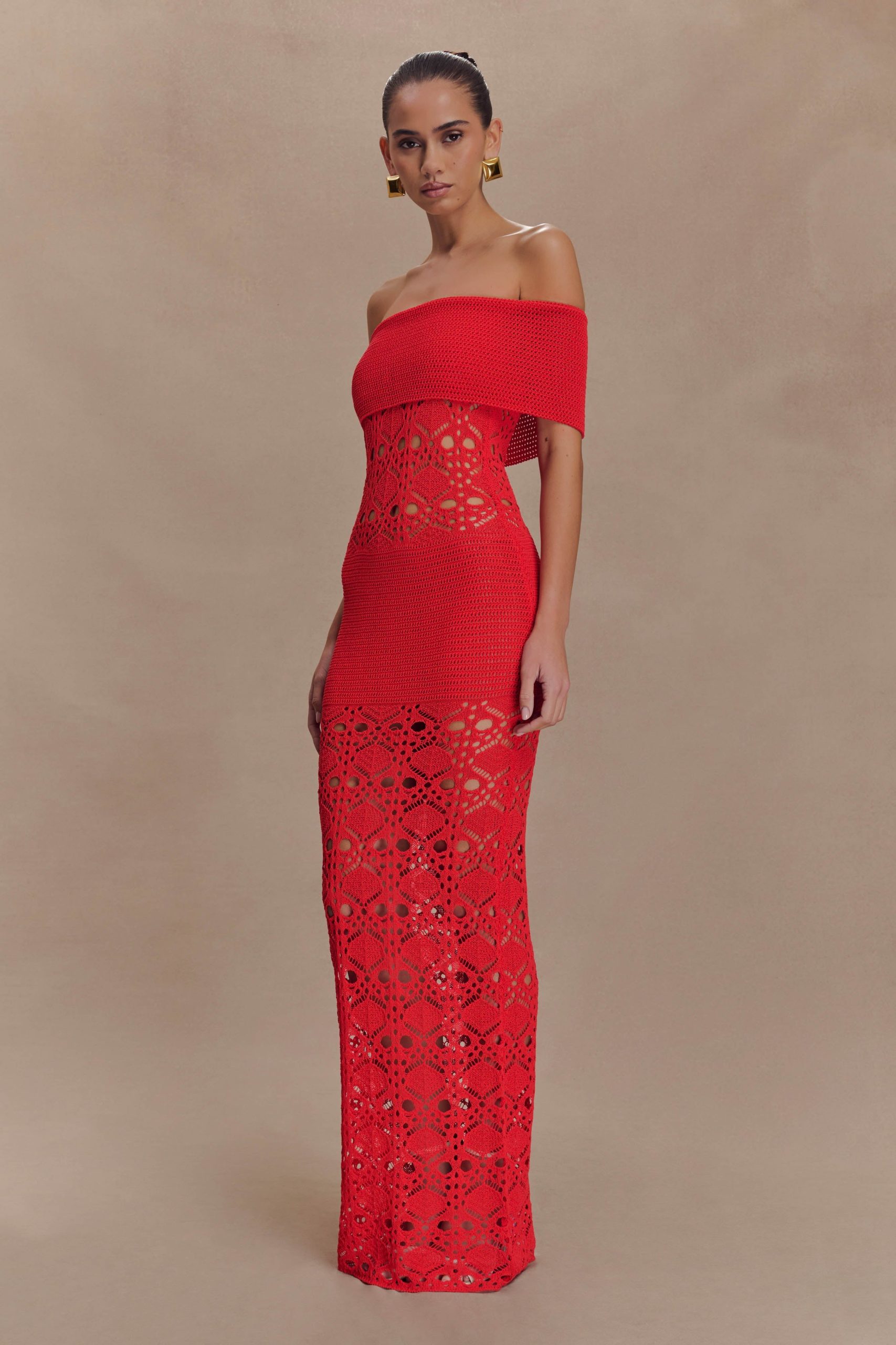 Solstice Off Shoulder Crochet Knit Maxi Dress - Blood Orange - Image 4