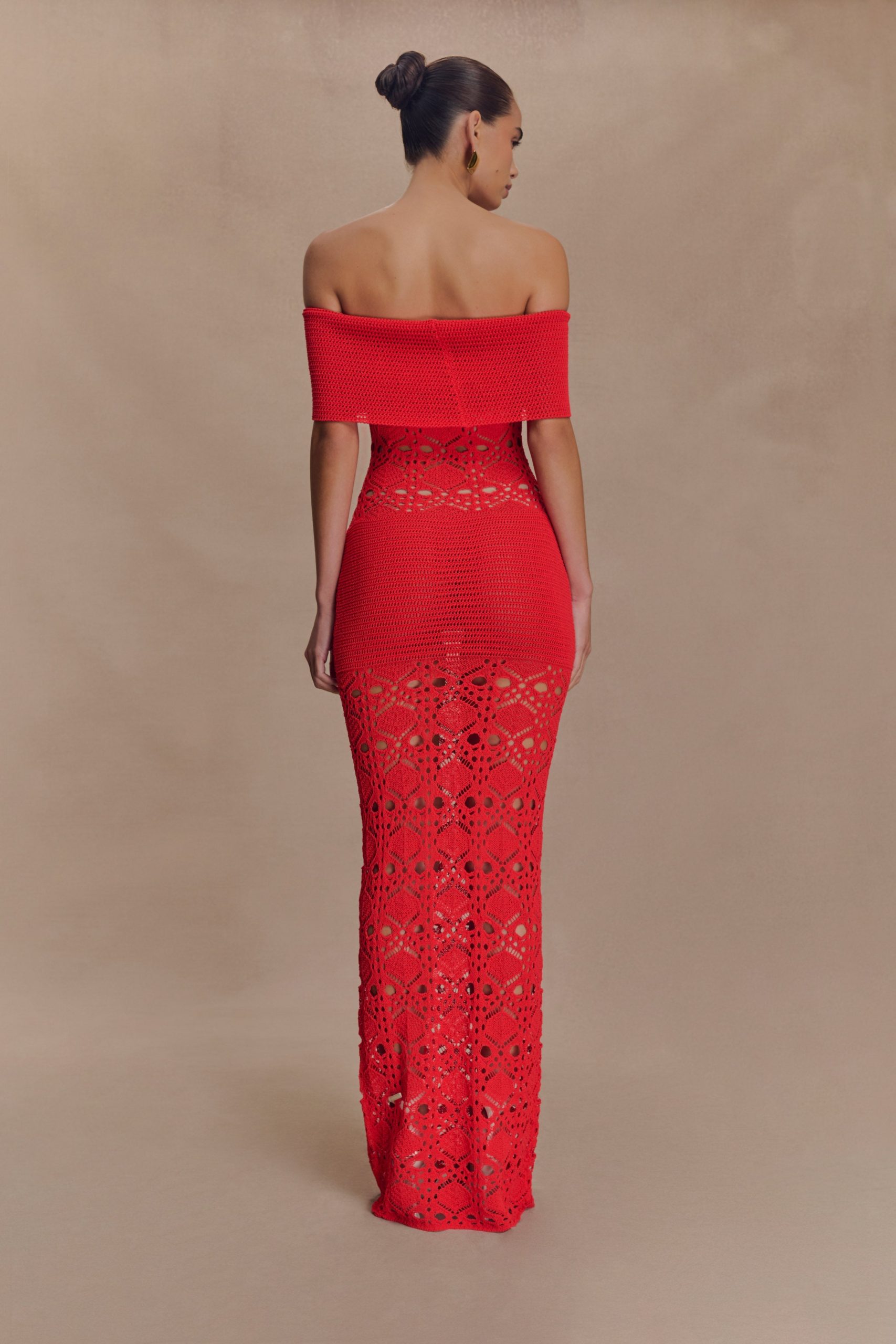 Solstice Off Shoulder Crochet Knit Maxi Dress - Blood Orange - Image 2