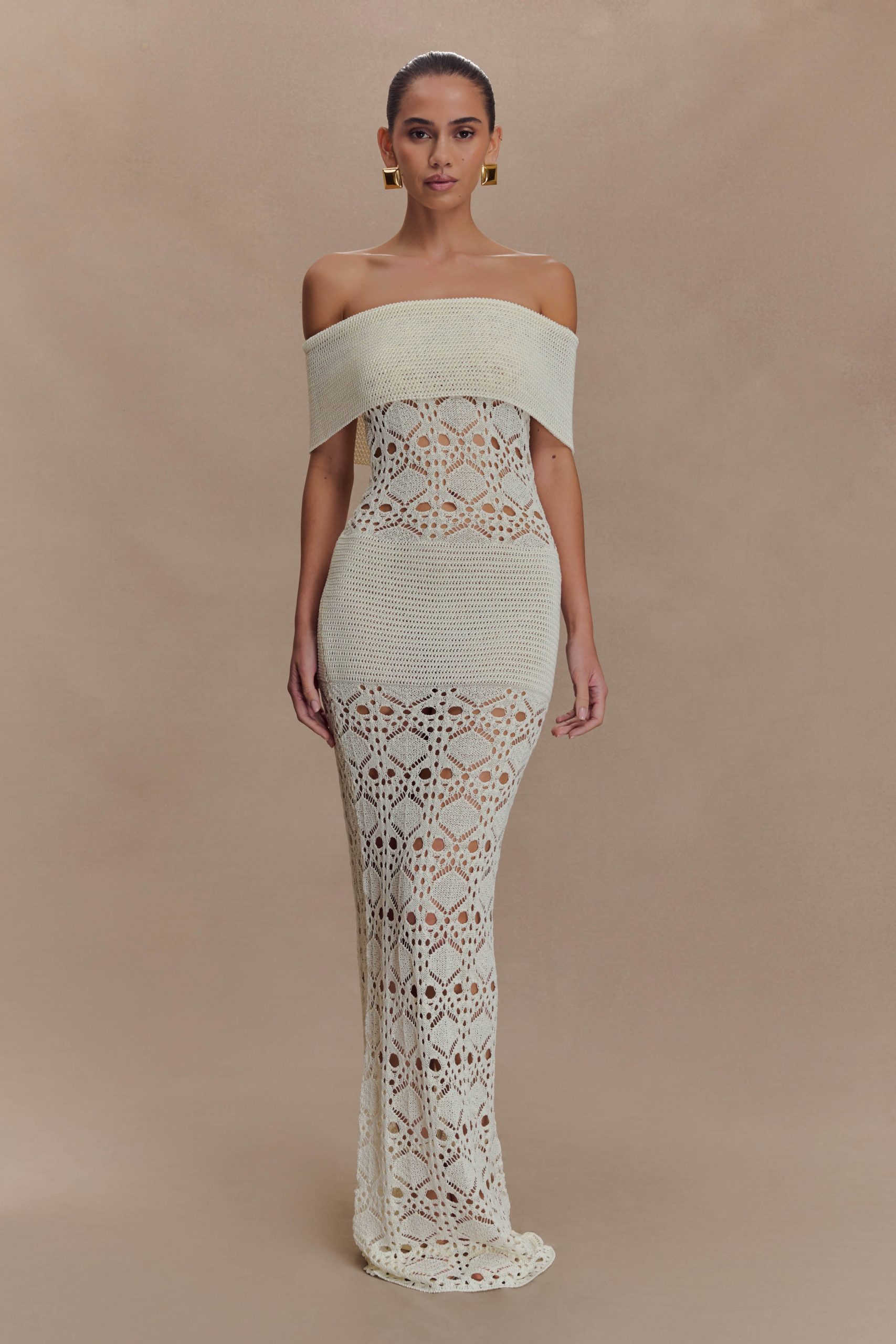Solstice Off Shoulder Crochet Knit Maxi Dress - Ivory