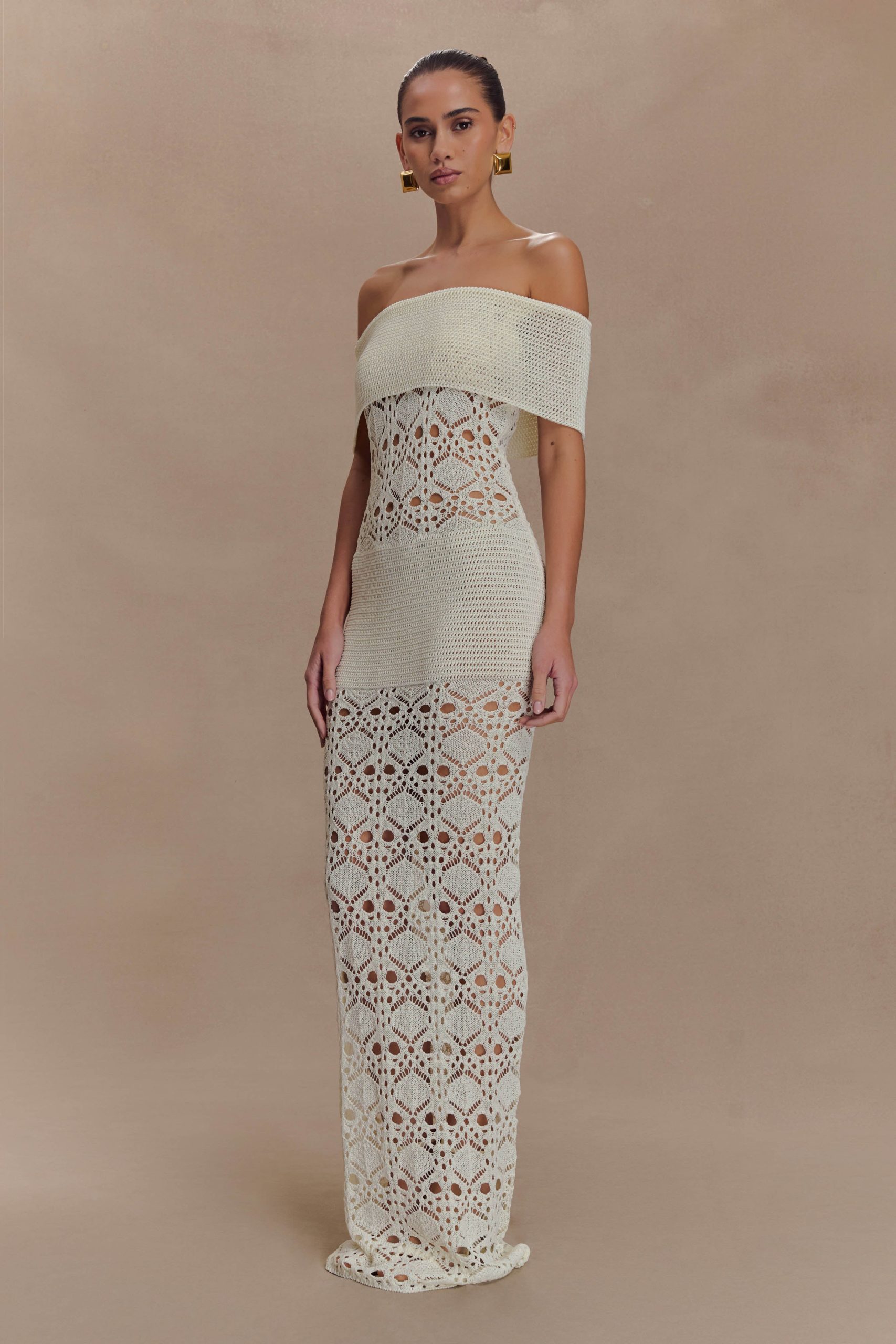 Solstice Off Shoulder Crochet Knit Maxi Dress - Ivory - Image 5