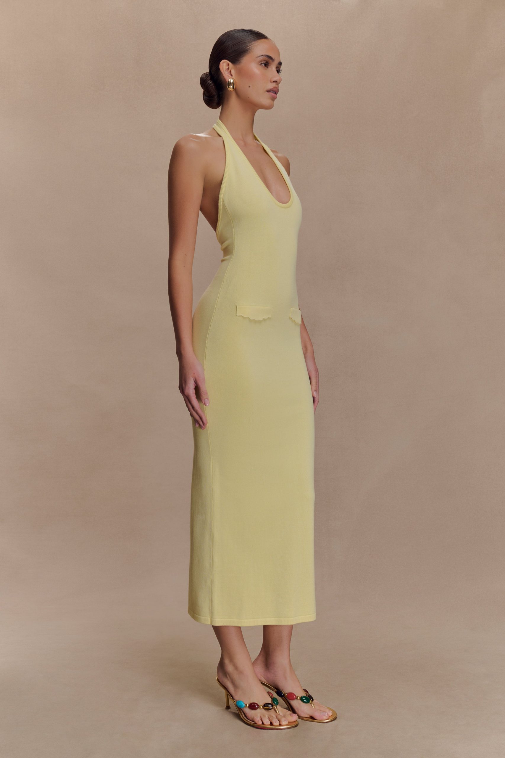 Ovina Halter Neck Knit Midi Dress - Lemon - Image 4