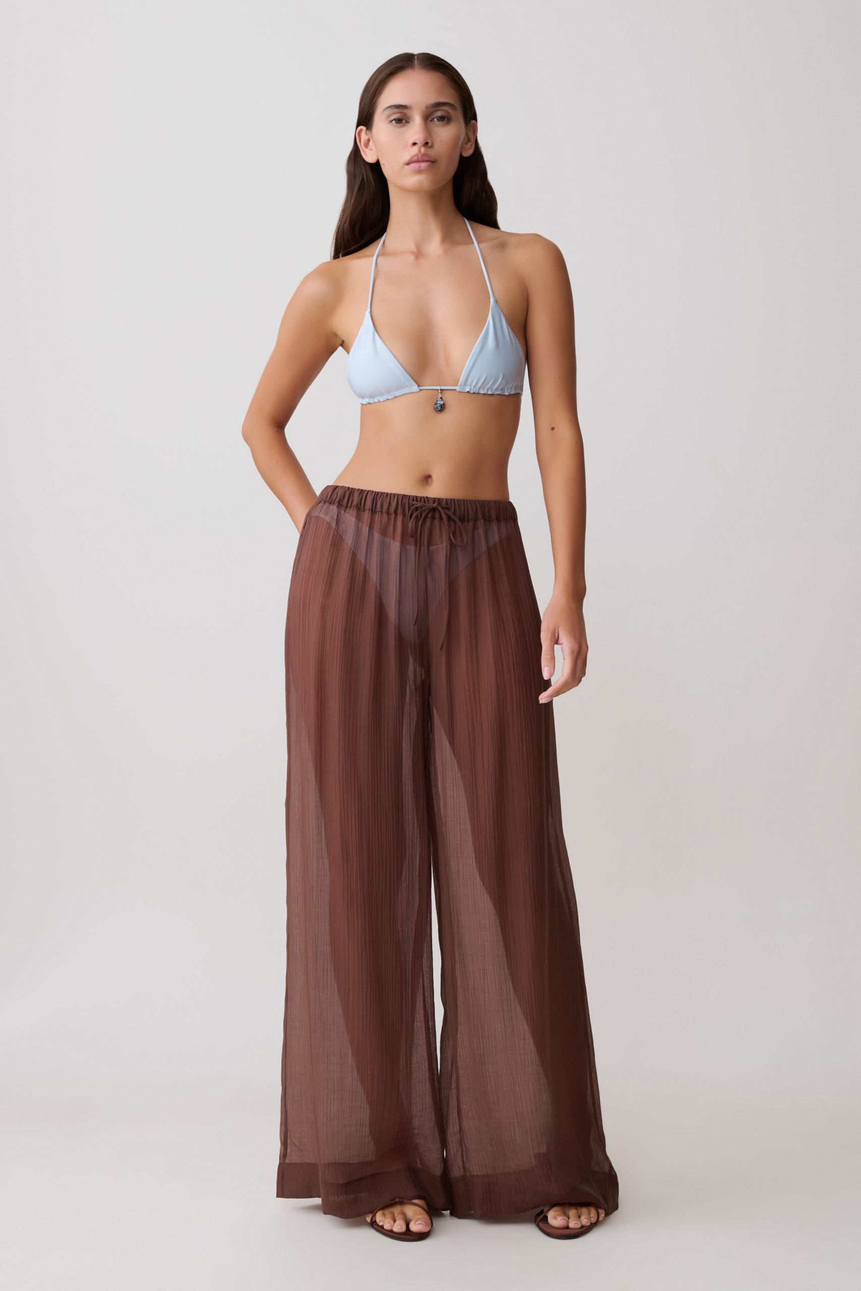 Leilani Sheer Drawstring Wide Leg Pants - Chocolate - Image 4