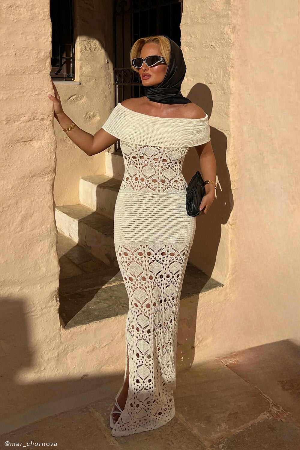 Solstice Off Shoulder Crochet Knit Maxi Dress - Ivory - Image 2